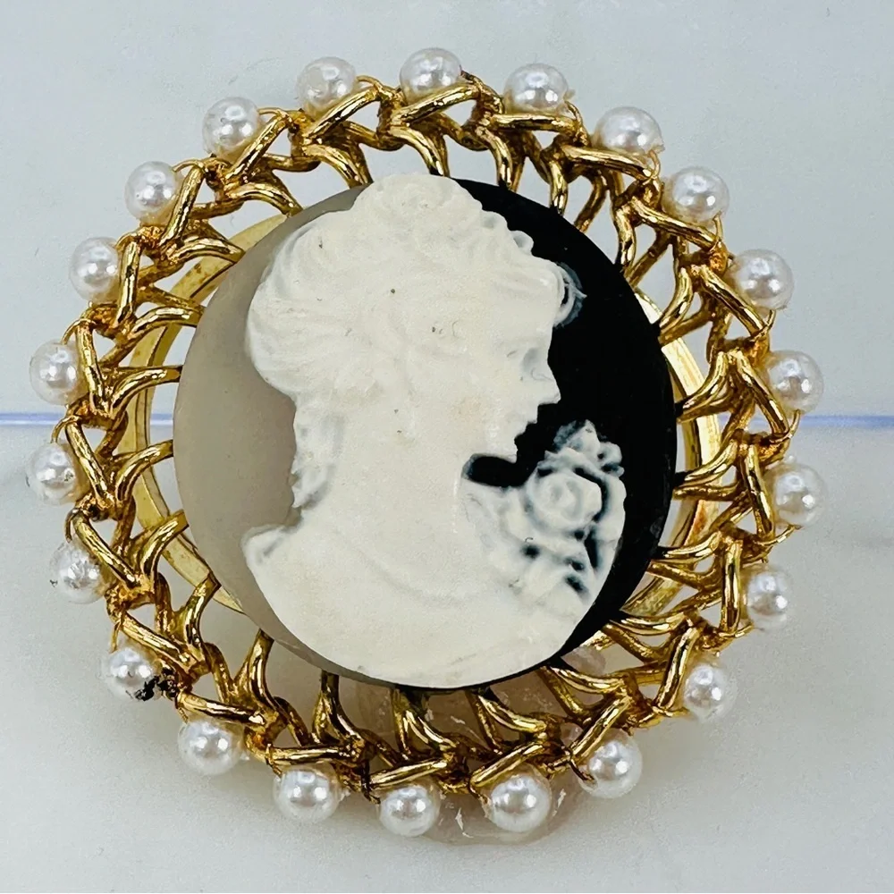 Vintage Faux Cameo Scarf Ring Slide Faux Pearl Romantic Victorian Bridgerton Big